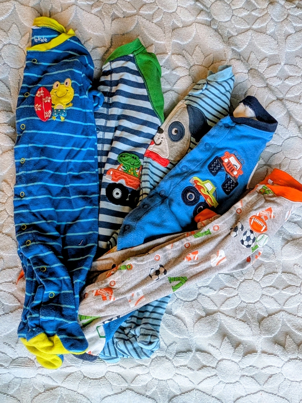 Lot of 5 0-3 Mth Pekkel Baby Boy Footed Sleepers β Vehicles & Animals